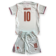 Load image into Gallery viewer, Kids Kylian Mbappe 10 France 2026 World Cup Away Jersey &amp; Shorts Set Nike - Ice Blue &amp; Vintage Crest
