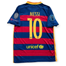 Load image into Gallery viewer, Back view of a Barcelona soccer jersey with blue and red horizontal stripes, yellow trim, the name MESSI and number 10 on the back, and unicef sponsor logo at the bottom.
