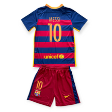 Load image into Gallery viewer, Lionel Messi #10 FC Barcelona Retro Kids Kit - 2015-16 "Horizontal Stripes" Edition - Jersey &amp; Shorts Set
