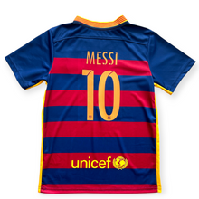 Load image into Gallery viewer, Lionel Messi #10 FC Barcelona Retro Kids Kit - 2015-16 "Horizontal Stripes" Edition - Jersey &amp; Shorts Set
