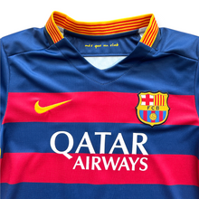 Load image into Gallery viewer, Lionel Messi #10 FC Barcelona Retro Kids Kit - 2015-16 "Horizontal Stripes" Edition - Jersey &amp; Shorts Set

