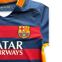 Load image into Gallery viewer, Lionel Messi #10 FC Barcelona Retro Kids Kit - 2015-16 "Horizontal Stripes" Edition - Jersey &amp; Shorts Set
