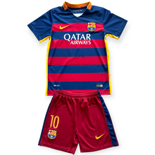 Load image into Gallery viewer, Lionel Messi #10 FC Barcelona Retro Kids Kit - 2015-16 "Horizontal Stripes" Edition - Jersey &amp; Shorts Set
