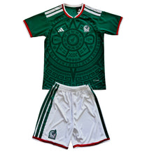 Load image into Gallery viewer, Mexico 2026 Aztec Sun Stone Green Youth Kids Jersey &amp; Shorts Kit World Cup Special Edition front 
