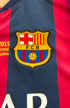 Load image into Gallery viewer, Close-up of a Barcelona football jersey with the club's logo. Neymar JR 11 FC Barcelona Nike 2015
