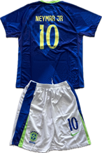 Load image into Gallery viewer, A youth-sized Nike Brazil soccer jersey in blue with the number 10 and the name 'NEYMAR JR' on the back, along with matching white shorts with a blue stripe.
