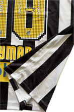 Load image into Gallery viewer, Black and white sports jersey with yellow text and branding side view of jersey side Neymar Jr santos fc

