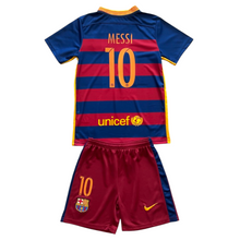 Load image into Gallery viewer, Lionel Messi #10 FC Barcelona Retro Kids Kit - 2015-16 "Horizontal Stripes" Edition - Jersey &amp; Shorts Set
