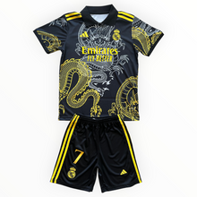 Load image into Gallery viewer, Ronaldo #7 Real Madrid "Dragon" Kids Youth Kit (Jersey + Shorts) - Adidas Champions Gold Black CR7
