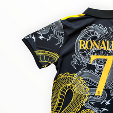 Load image into Gallery viewer, Ronaldo #7 Real Madrid "Dragon" Kids Youth Kit (Jersey + Shorts) - Adidas Champions Gold Black CR7
