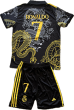 Load image into Gallery viewer, Ronaldo #7 Real Madrid "Dragon" Kids Youth Kit (Jersey + Shorts) - Adidas Champions Gold Black back
