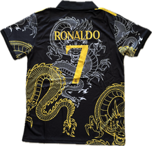 Load image into Gallery viewer, Ronaldo #7 Real Madrid "Dragon" Kids Youth Kit (Jersey + Shorts) - Adidas Champions Gold Black back jersey top 
