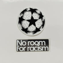 Load image into Gallery viewer, A soccer ball and the text 'NO ROOM FOR RACISM' iron on patches, typically used for personalizing football jerseys.
